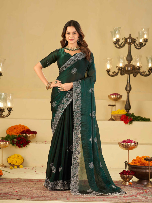 Bottle Green Fendy Satin Saree with White Floral Embroidery Border | Designer Party Wear Saree with Embroidered Blouse