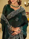 Bottle Green Fendy Satin Saree with White Floral Embroidery Border | Designer Party Wear Saree with Embroidered Blouse