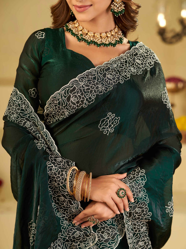 Bottle Green Fendy Satin Saree with White Floral Embroidery Border | Designer Party Wear Saree with Embroidered Blouse