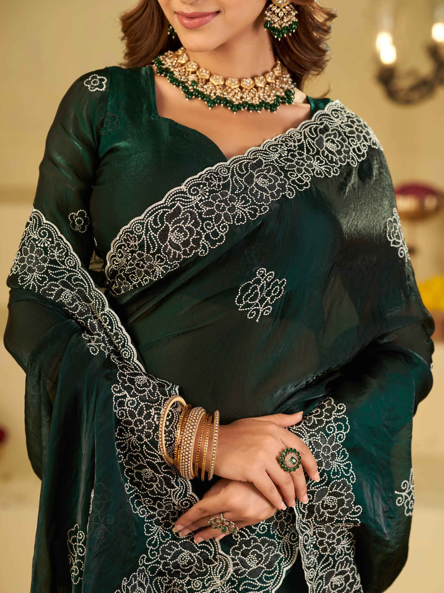 Bottle Green Fendy Satin Saree with White Floral Embroidery Border | Designer Party Wear Saree with Embroidered Blouse