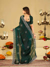 Bottle Green Fendy Satin Saree with White Floral Embroidery Border | Designer Party Wear Saree with Embroidered Blouse