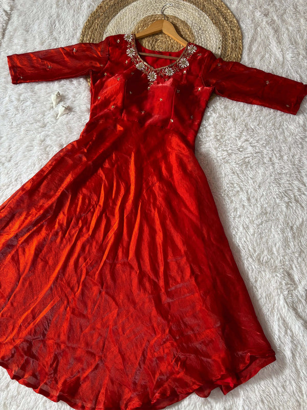 Rani Red Space Silk Anarkali Gown front view with Moti beads and Kardana handwork - Shree Roop