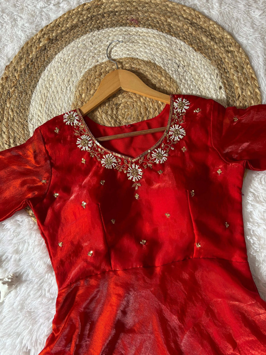 Rani Red Space Silk Anarkali Gown back view showing full length flare and 3/4th sleeves - Shree Roop