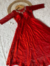 Close-up of Rani Red Space Silk Gown neckline with intricate Moti beads and Kardana embroidery - Shree Roop