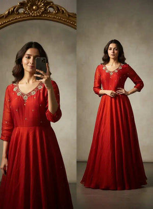Full length view of Rani Red Space Silk Anarkali Gown with Moti handwork for festive weddings - Shree Roop