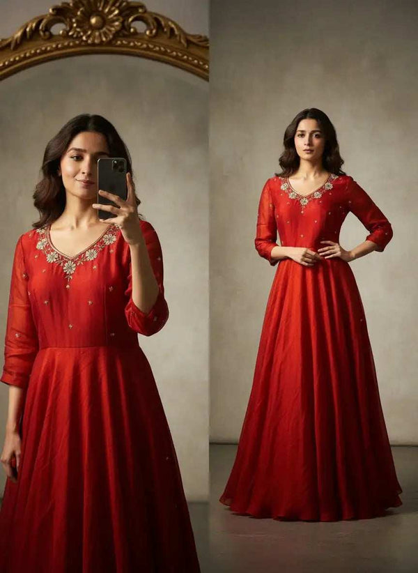 Full length view of Rani Red Space Silk Anarkali Gown with Moti handwork for festive weddings - Shree Roop