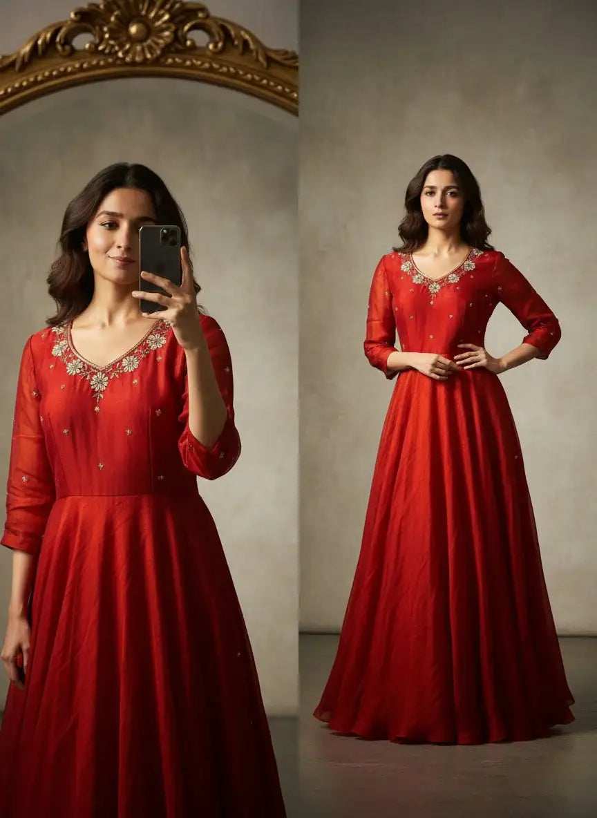 Full length view of Rani Red Space Silk Anarkali Gown with Moti handwork for festive weddings - Shree Roop