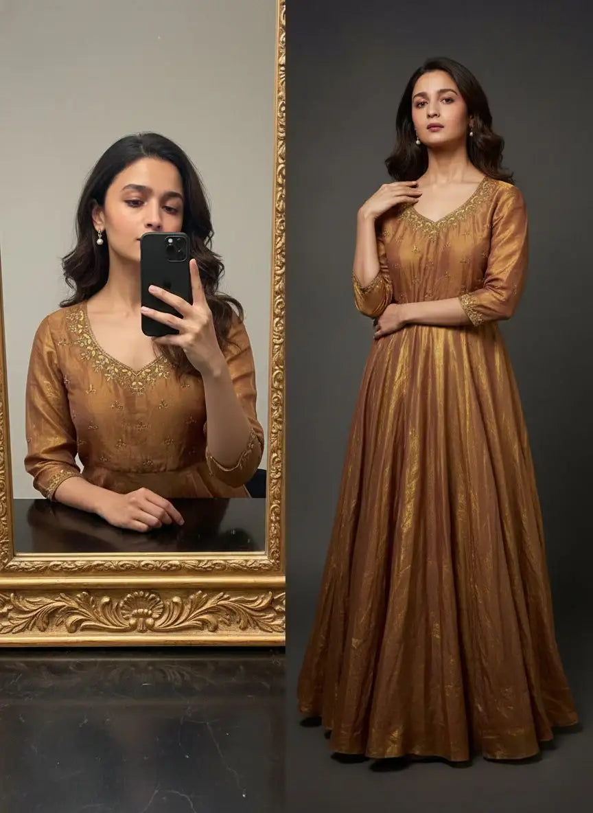 Antique Gold Space Silk Anarkali Gown | Moti Handwork – Wedding Wear | Buy Online - SHREE ROOP