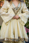 Close-up of premium mirror handwork on ivory Anarkali Sharara by Shree Roop