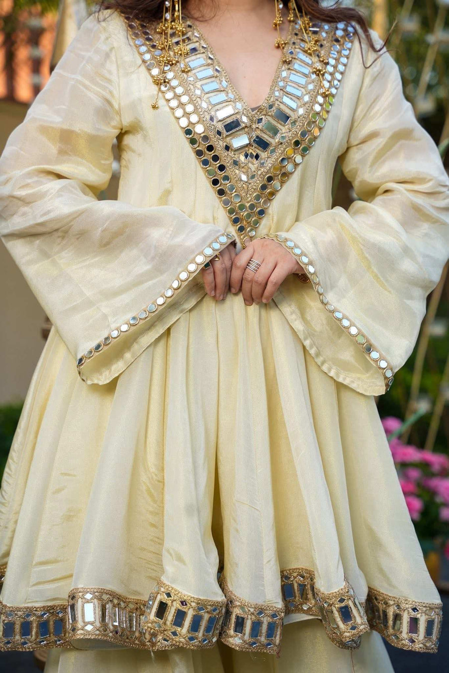 Close-up of premium mirror handwork on ivory Anarkali Sharara by Shree Roop