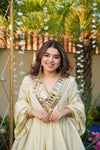 Ivory Anarkali Sharara set back view with closed neck by Shree Roop
