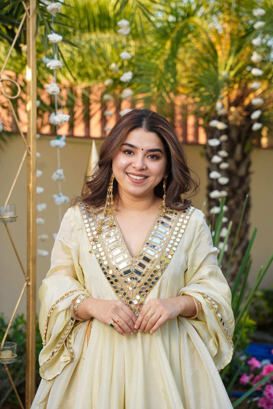 Ivory Anarkali Sharara set back view with closed neck by Shree Roop