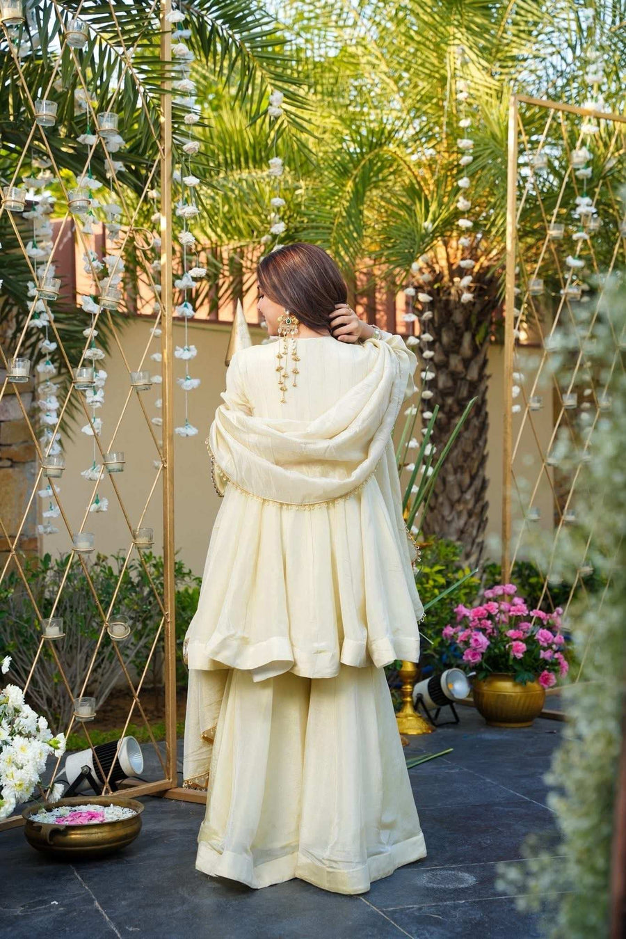 Ivory heavy mirror embellished Anarkali Sharara set front view by Shree Roop