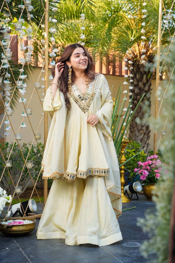 Ivory Anarkali Sharara set with dupatta for weddings by Shree Roop