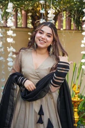 Ivory Organza Anarkali Gown Full Length View with Dupatta - Shree Roop
