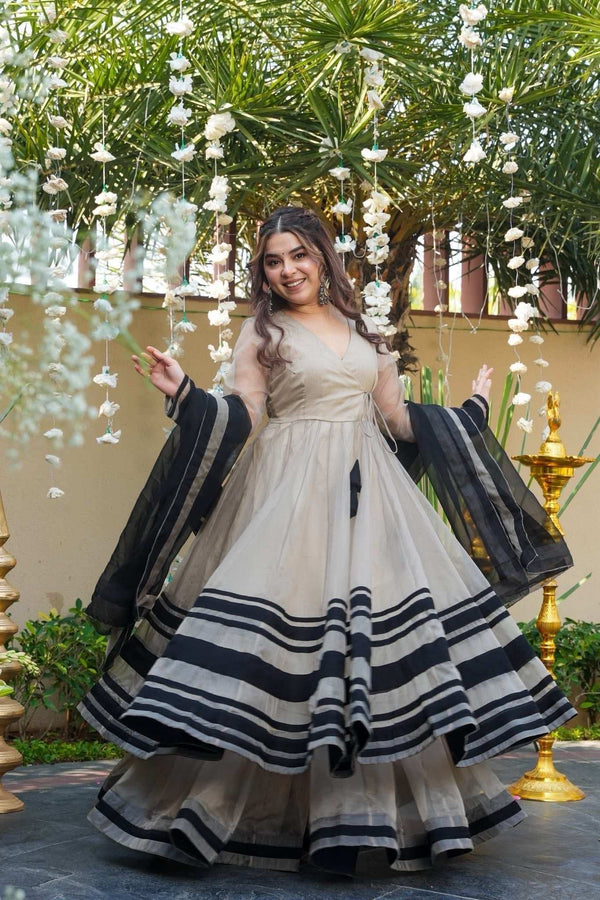 Ivory Organza Anarkali Gown with Embroidered Dupatta - Shree Roop
