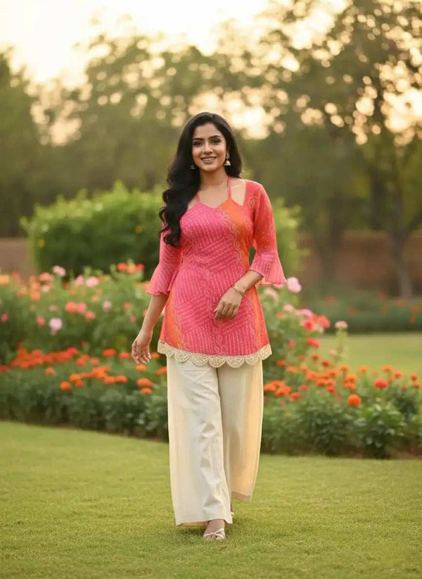 Full Length View of Rani Pink & Kesari Bandhej Kurti with Pure Cotton Inner - Shree Roop