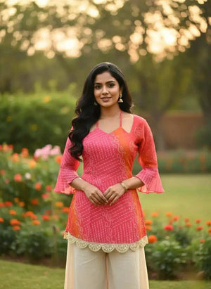 Rani Pink & Kesari Bandhej Faux Georgette Kurti Front View - Shree Roop