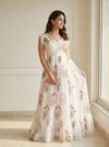 White floral printed party wear gown with matching accessories - Shree Roop