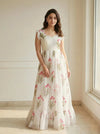 White floral printed party wear casual long gown front view - Shree Roop