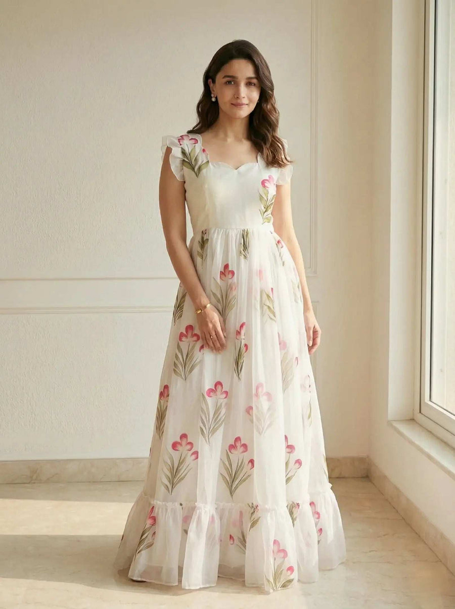 White floral printed party wear casual long gown front view - Shree Roop