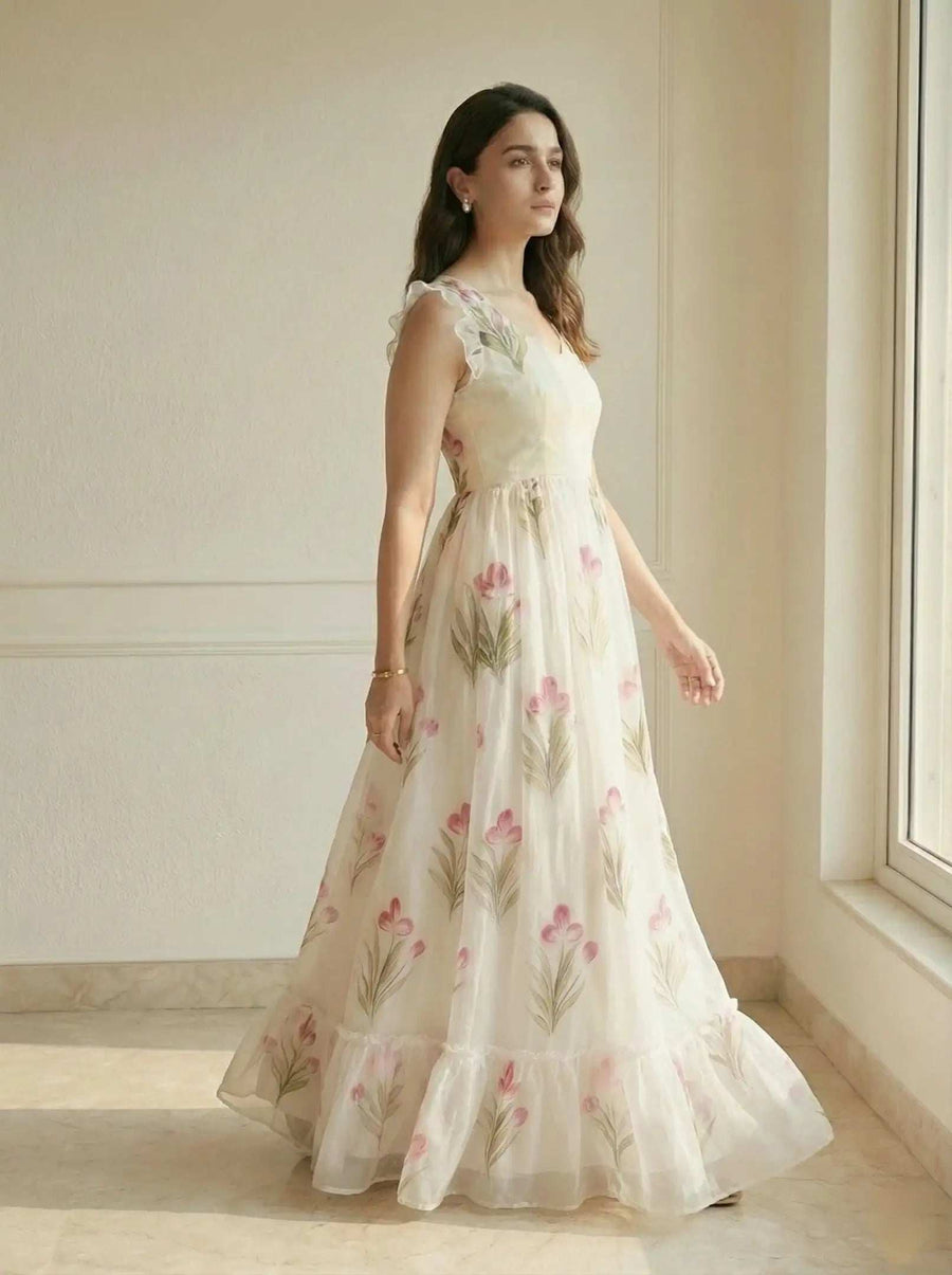 White floral printed full length casual long gown - Shree Roop