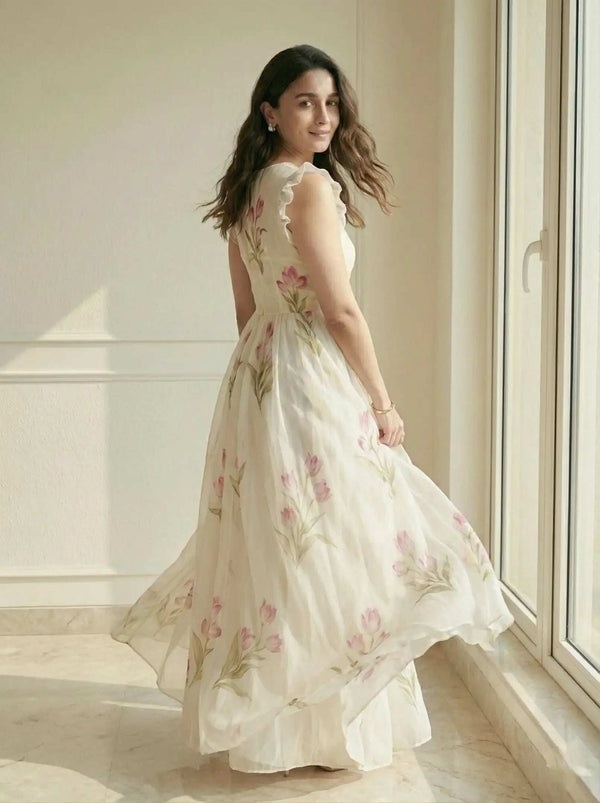 White floral printed party wear casual long gown back view - Shree Roop