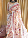 Ivory Linen Saree with Geometric Tribal Prints & Tassel Accents