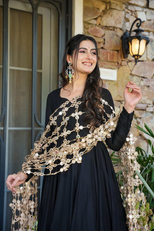 Elegant Black Kurti Palazzo Set Front View with Mirror Work Dupatta - Shree Roop