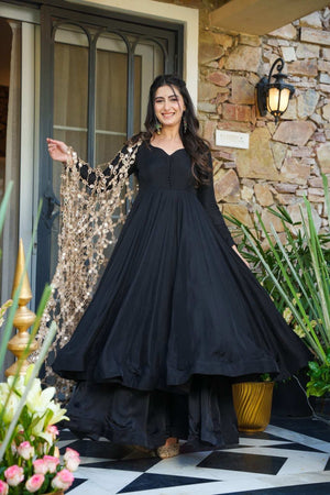 Elegant Black Palazzo Set with Mirror Work Dupatta and Matching Accessories - Shree Roop