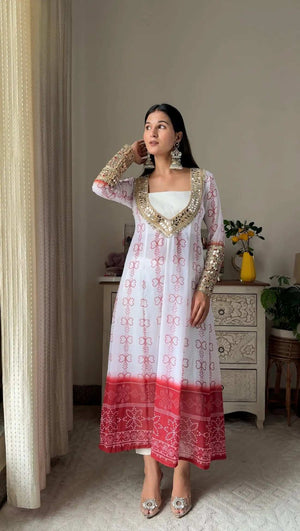 White and Red Faux Georgette Kurti Set with Mirror Work Front View - Shree Roop