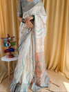 Beige Pure Linen Saree with Multicolor Zigzag Design and Tassel Finish
