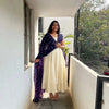 Full Length View of Cream Anarkali Dress with Navy Blue Space Silk Dupatta - Shree Roop