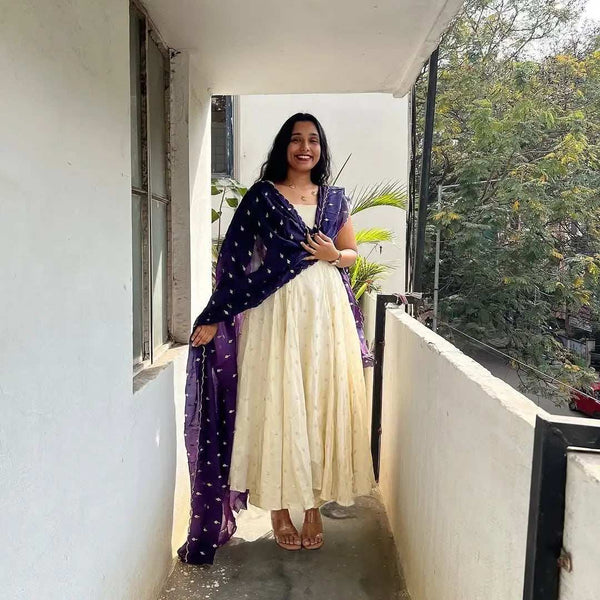 Full Length View of Cream Anarkali Dress with Navy Blue Space Silk Dupatta - Shree Roop