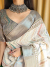 Beige Pure Linen Saree with Multicolor Zigzag Design and Tassel Finish