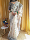 Beige Pure Linen Saree with Multicolor Zigzag Design and Tassel Finish