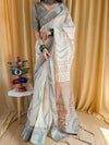 Beige Pure Linen Saree with Multicolor Zigzag Design and Tassel Finish