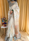 Beige Pure Linen Saree with Multicolor Zigzag Design and Tassel Finish