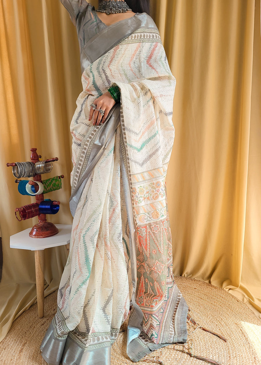 Beige Pure Linen Saree with Multicolor Zigzag Design and Tassel Finish