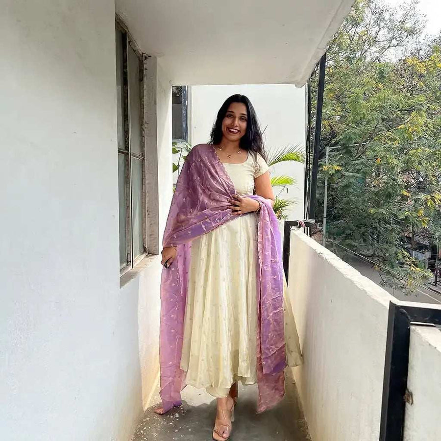 Cream Anarkali back view with round square neck and soft fabric - Shree Roop