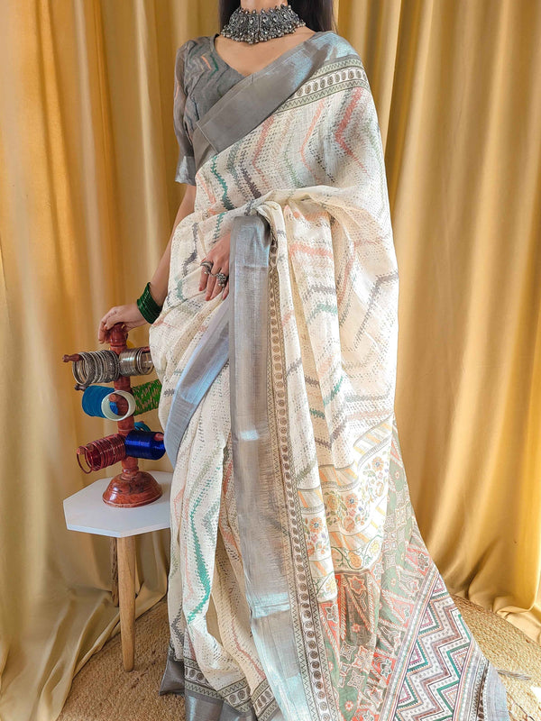 Beige Pure Linen Saree with Multicolor Zigzag Design and Tassel Finish