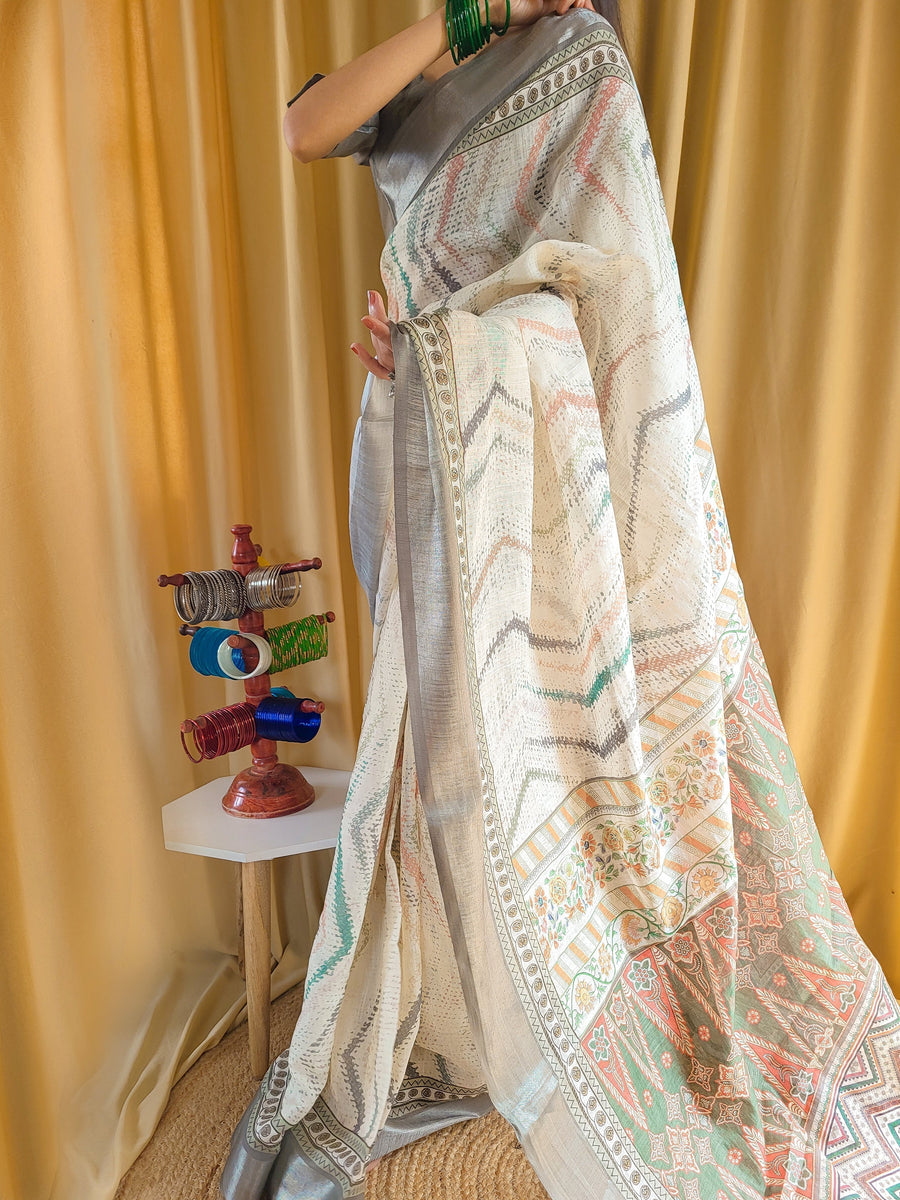 Beige Pure Linen Saree with Multicolor Zigzag Design and Tassel Finish
