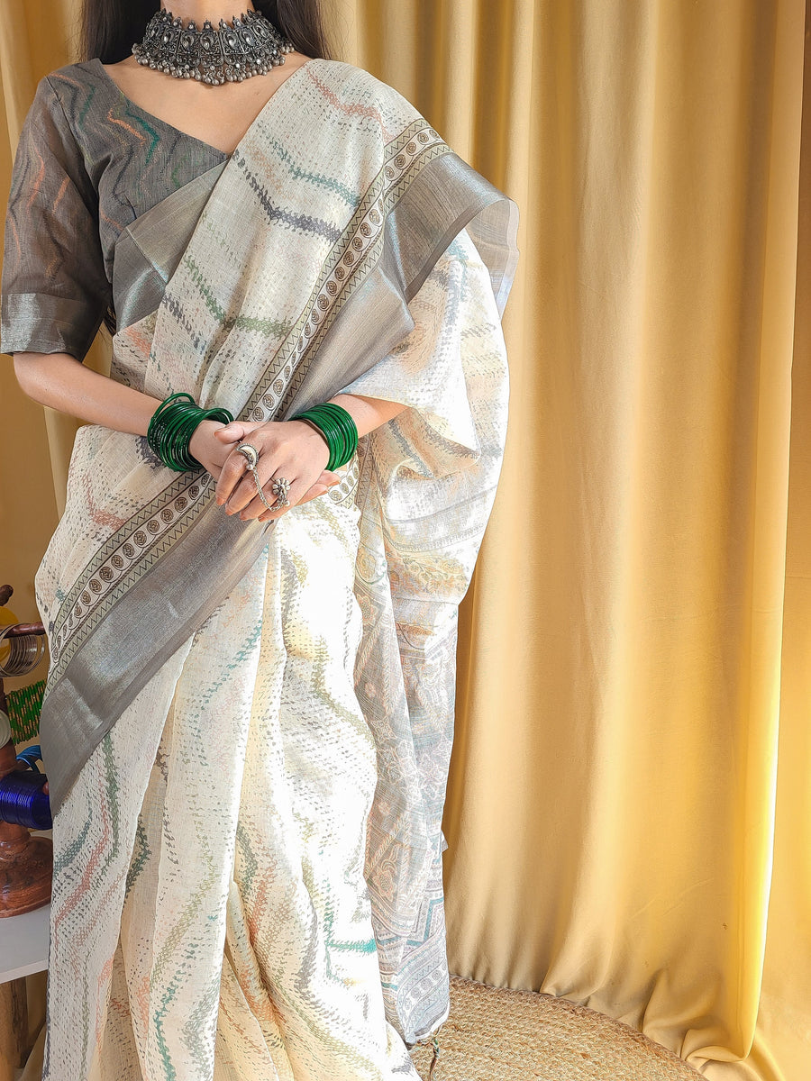 Beige Pure Linen Saree with Multicolor Zigzag Design and Tassel Finish