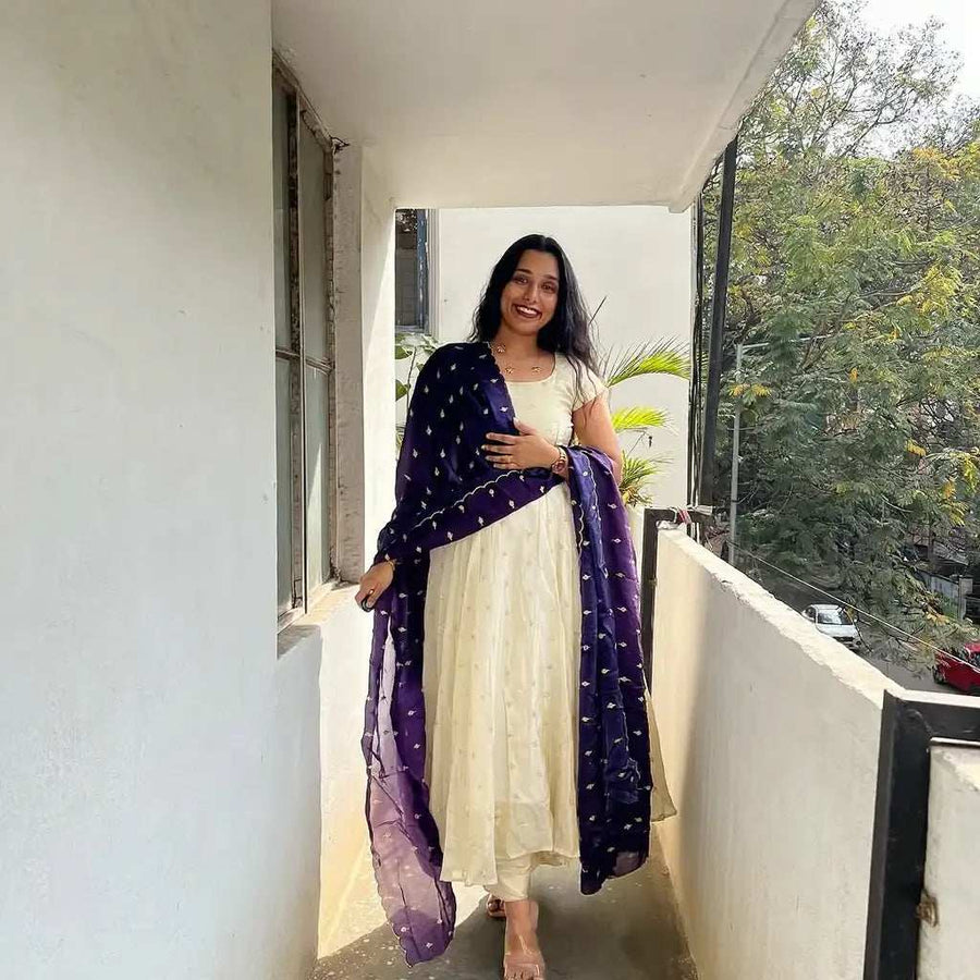 Cream Anarkali Dress with Navy Blue Dupatta and Churidar for Festive Occasions - Shree Roop