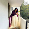Close-up of cream Anarkali dress neckline and dupatta work - Shree Roop