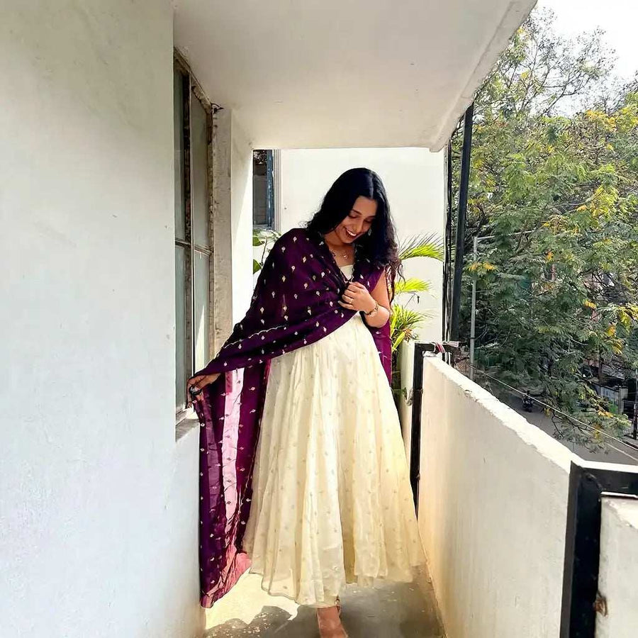 Close-up of cream Anarkali dress neckline and dupatta work - Shree Roop