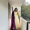 Cream Anarkali dress with dark wine dupatta front view - Shree Roop