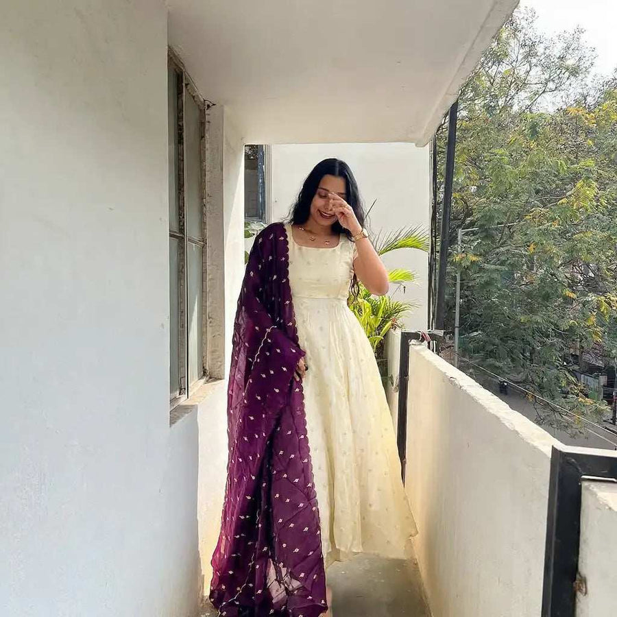 Cream Anarkali dress with dark wine dupatta front view - Shree Roop