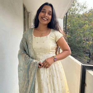 Cream Anarkali Dress Back View Showing Flared Silhouette and Round Square Neck - Shree Roop