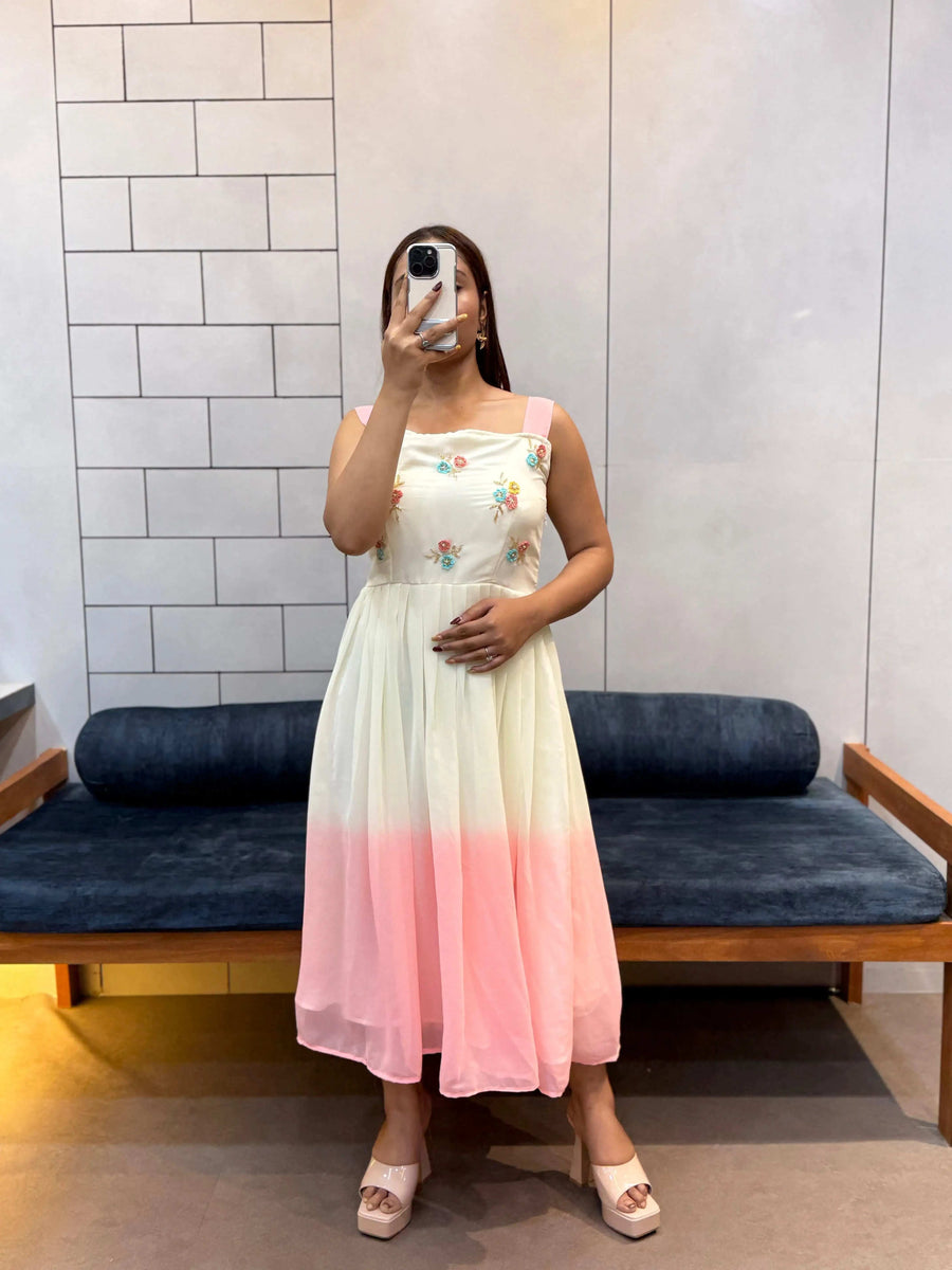 Pink Georgette Maxi Gown Back View with Elegant Kardana Handwork - Shree Roop
